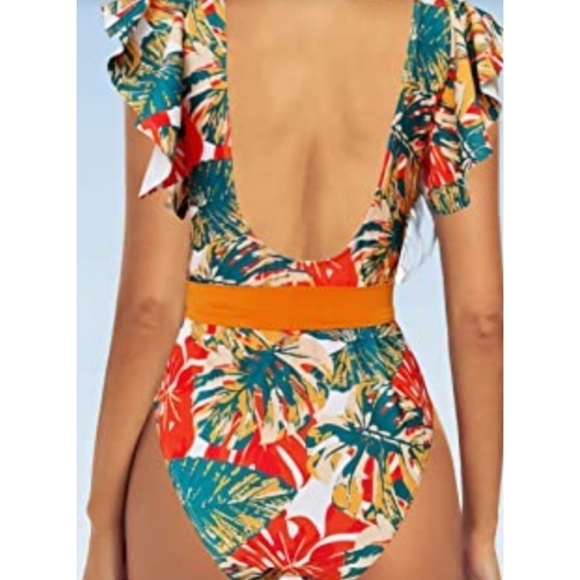 Binlowis Deep V Neck Flounce One Piece - Picture 7 of 13